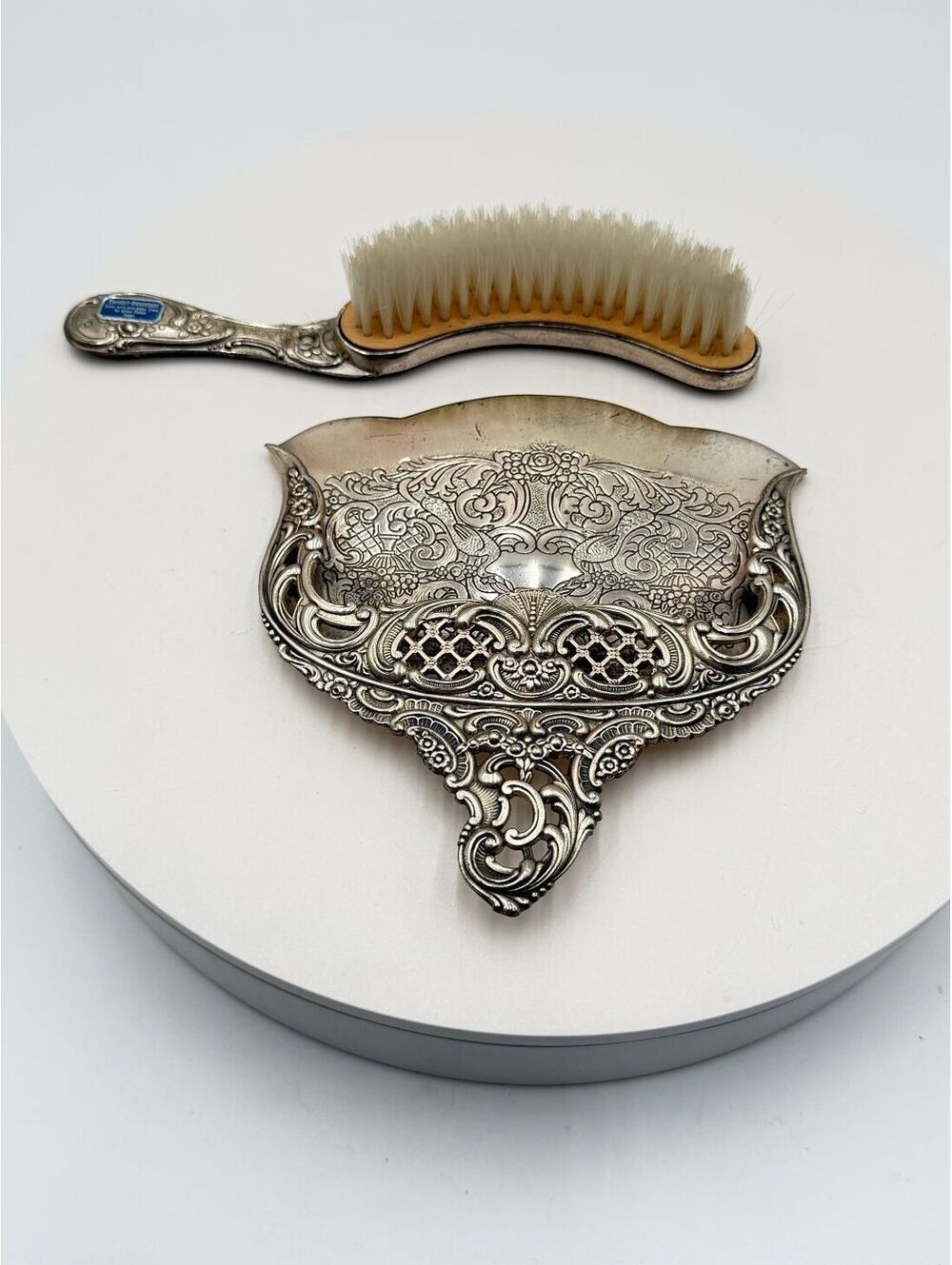 Vintage Ornate Peacock Crumb Tray and Brush Set, Silver Tone Silent Butler